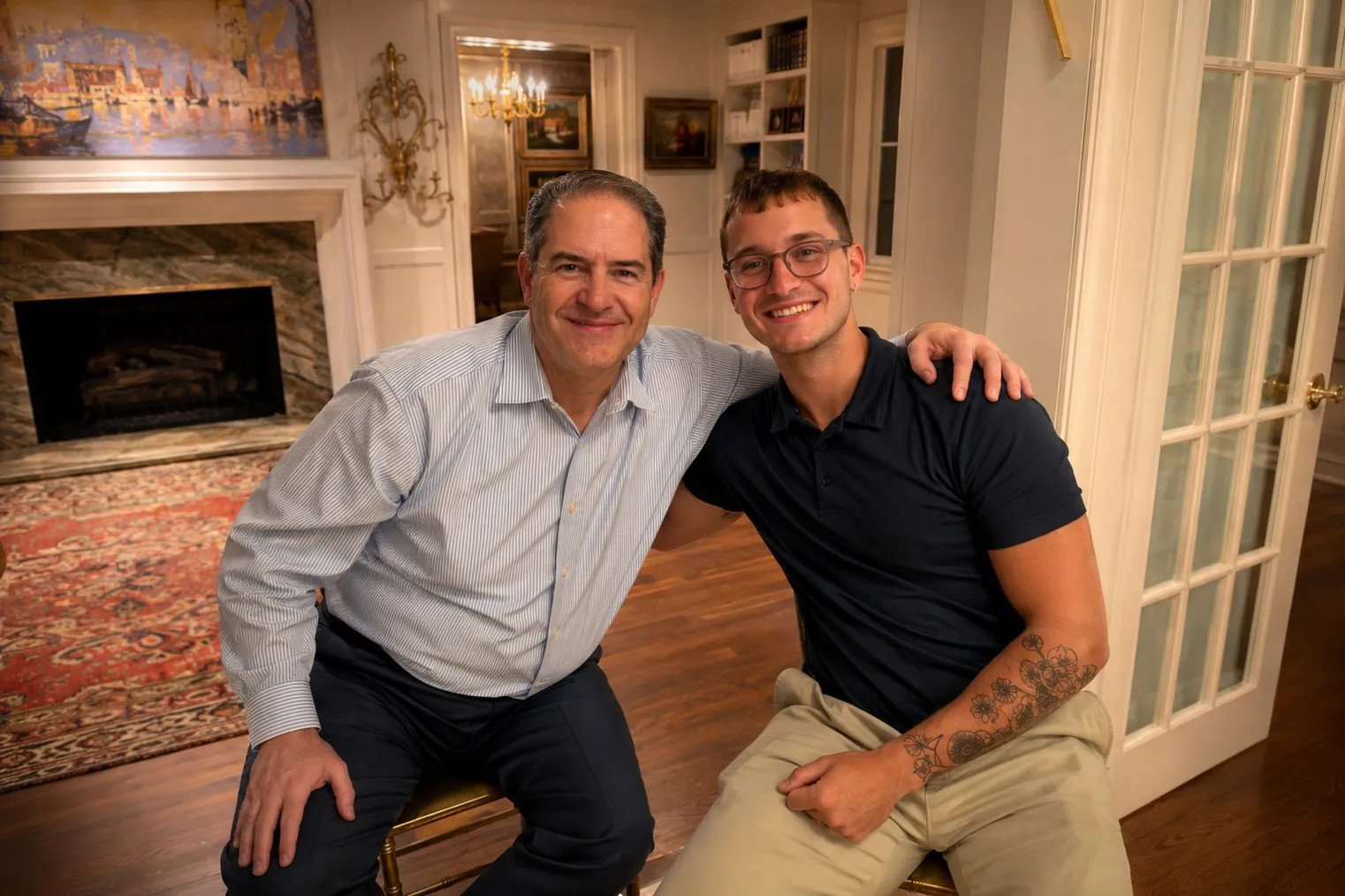 An executive and a student seated together beside a fireplace