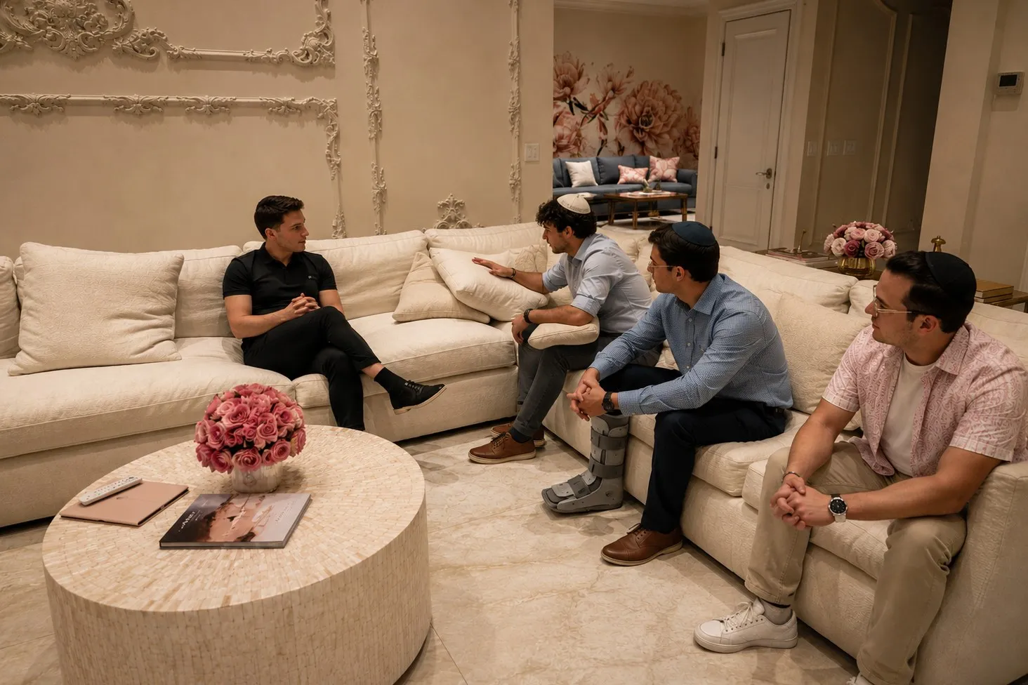 Four people talking across sofas in a living room